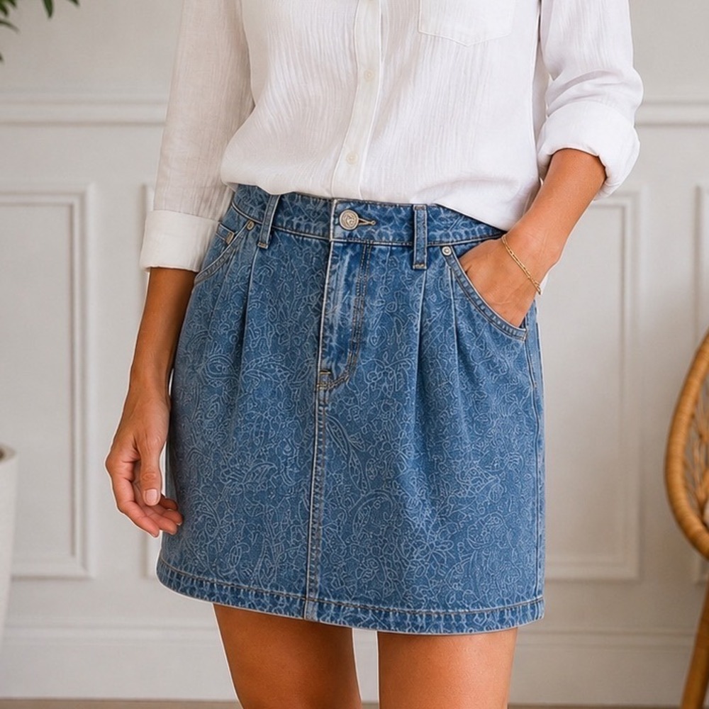 Seven7 Delaney Paisley Print Denim Mini Skirt Size 14 Stretch Blue Jean